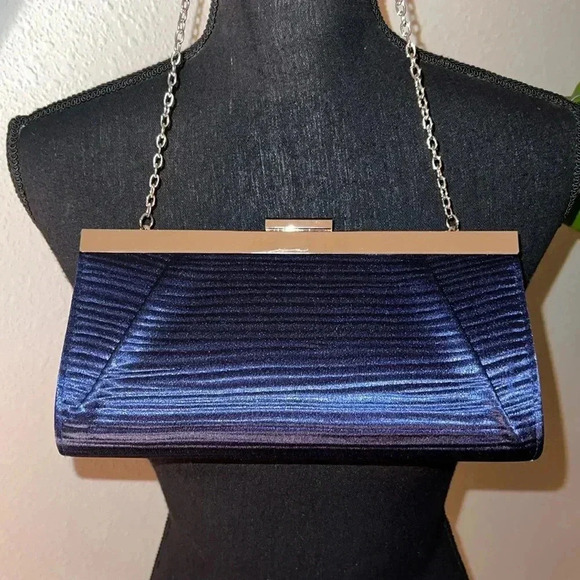 Midnight Blue Women’s Wave Pleated Silver Tone Evening Clutch Bag Purse - Picture 3 of 15